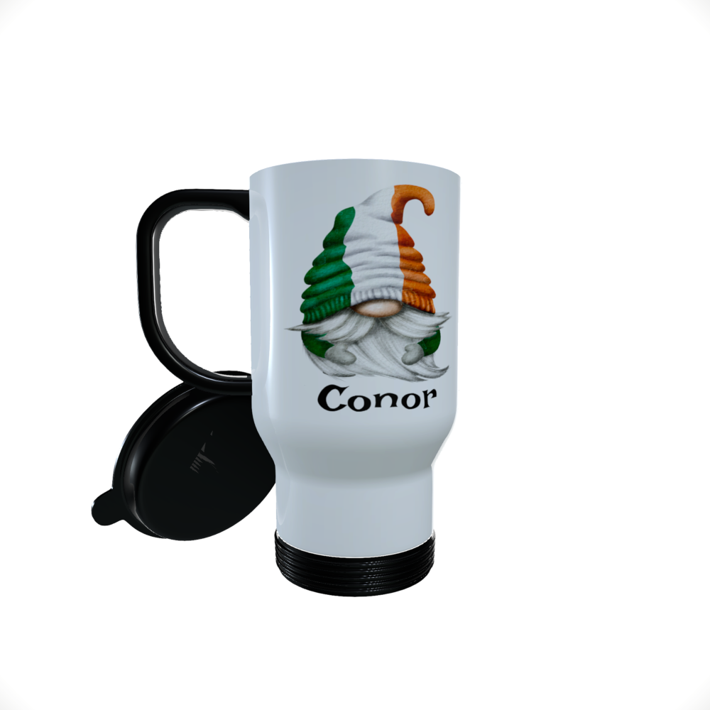 Patriotic Gnome Travel Mug, Irish Gnome, Clover Leaf Coffee Mug